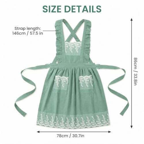 Aoomzoom Vintage Aprons for Woman with Pockets Cute Lace Ruffle Adjustable Apron for Cooking Kitchen Baking Gardening (Light Green)