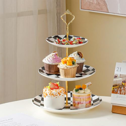 3 Tier Checkered Ceramic Cupcake Stand (Black)