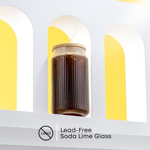 Fluted Glass Tumblers with Bamboo Lids and Glass Straws (Clear Glasses)