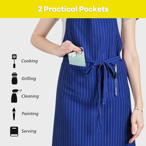 Stripe Stretch Apron Chef Aprons for Men with 2 Pockets Waterproof (Royal Blue)
