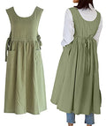 Women Plus Size Cotton Linen Vintage Pleated Split Apron Pinafore Dress with Two Pockets (Green / 43.4"L)