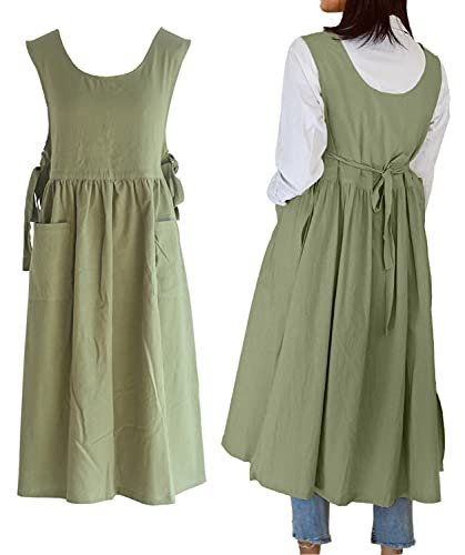 Women Plus Size Cotton Linen Vintage Pleated Split Apron Pinafore Dress with Two Pockets (Green / 43.4"L)
