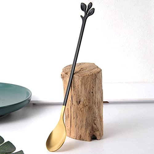 6 Piece Elegant Black & Gold Leaf Long Handle Teaspoons (Black & Gold)