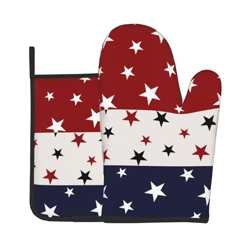 Red White and Blue Oven Mitts and Pot Holders Sets Patriotic American Flag StripedKitchen Mitts 4th of July Hot Pads for Cooking BBQ Baking Grilling (Red White Blue Stars Striped Flag)