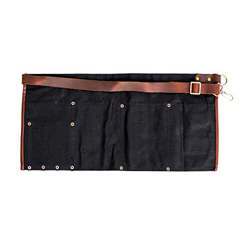 Waterproof Waxed Canvas Tool Apron With the Adjustable Genuine Leather Belt (Black)