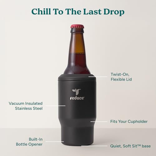 4-in-1 Drink Cooler - Versatile Can & Bottle Holder with Vacuum Insulation - Keeps Drinks Cold Up to 4 Hours - Includes Bottle Opener - Fits Cupholders & Dishwasher Safe - 14oz - Black (Black / Single)