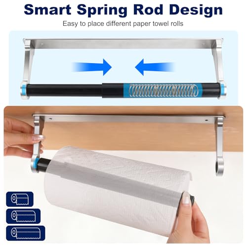 Paper Towel Holder Wall Mount Adhesive Paper Towel Holder Under Cabinet Toilet Roll Hanging Holders Rack for Kitchen Bathroom Garage Counter (Silver)