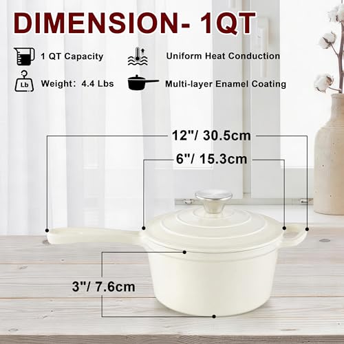 1Qt Enamel Cast Iron Sauce Pan (Cream White / 1 Quarts)