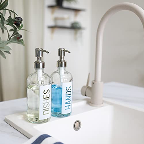 2Pack 18OZ Glass Soap Dispenser with Hands & Dishes Printed Label (White With White Pump)