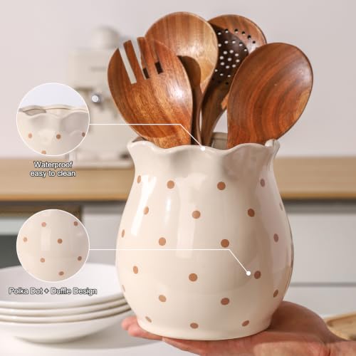 Ceramic Farmhouse Kitchen Utensil Holder for Countertop (Polka Dots)