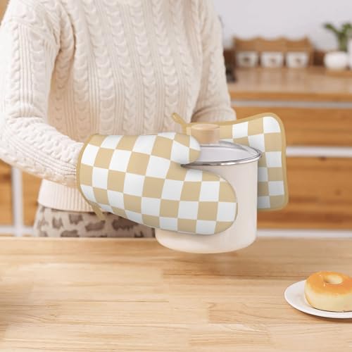 Checkered Beige Silicone Oven Mitts Pan Mats Set of 2 (Checkerd Beige)