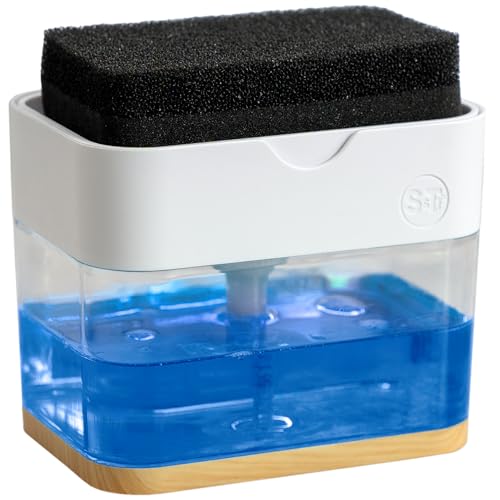 Dish Soap Dispenser and Sponge Holder (White and Bamboo)