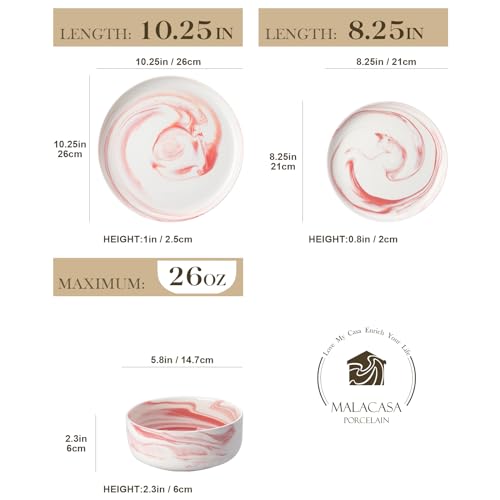 12 Pcs Porcelain Plates and Bowls Sets (Marble Pink / 12 Pcs (Service for 4))