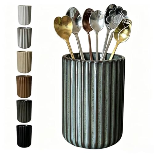 Stoneware Coffee Bar Utensil Holder Tea & Coffee Spoon & Stirrer Holder for Stir Stick Straw Teaspoon Holder Espresso Spoon Cup Small Utensil Jar Fluted Vertical Stripe (Retro Bronze)