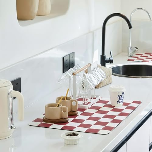 Red Checkered Dish Drying Mat for Kitchen Counter (Red / 19" x 12")