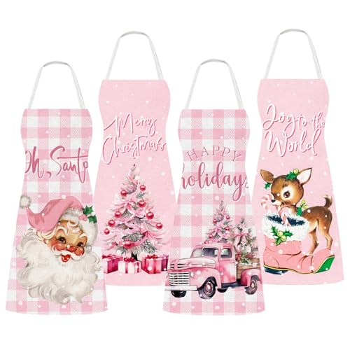 4Pcs Christmas Aprons Pink Xmas Tree Santa Deer Buffalo Plaid Adjustable Kitchen Cooking Aprons for Christmas Holiday Home Party Supplies (Pink Christmas)