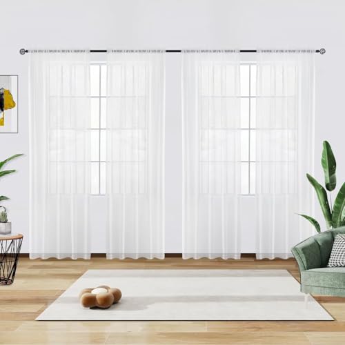Solid Sheer Rod Pocket Curtain Voile Draperies 4 Panels White Beige Black Grey Coffee 52 Inch Width 63 Inch Long 1 Pair for Kitchen Bedroom Children Living Room Yard (White / 52"W x 63"L (Pack of 4))