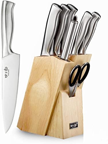 Knife Set 8 Piece German Stainless Steel Hollow Handle Manual Knife Sharpener Forged Kitchen Knives Set with Oak Wooden Block Gift