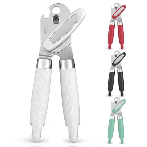 Heavy Duty Stainless Steel Can Opener Manual with Large Bottle Opener (Side Bottle Opener Design / White)