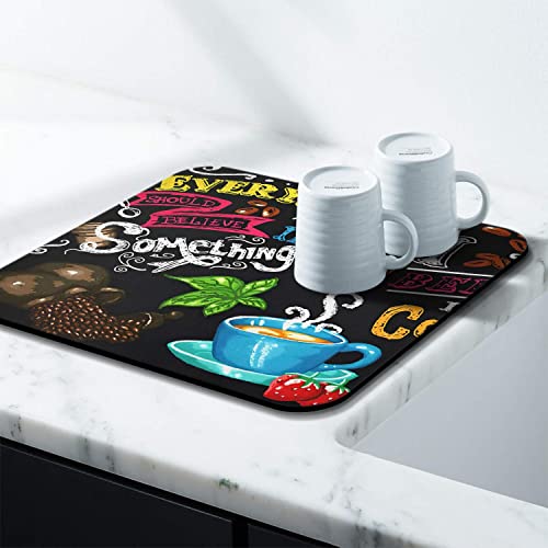 Coffee Bar Mat Accessories for Countertop Absorbent Hide Stain Rubber Backed Dish Drying Mats for Kitchen Counter Draining Pad Decor Gift (Coffee-3 / 16" x 18")