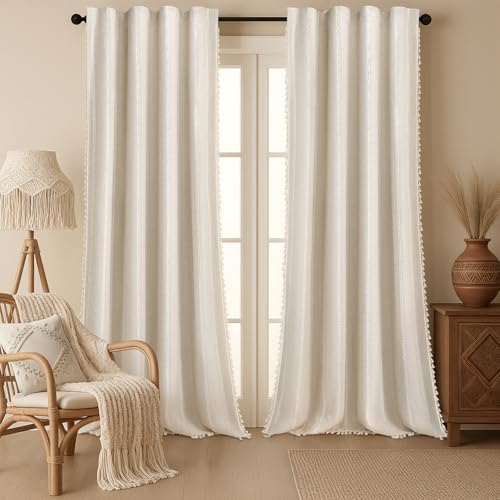 Boho 100% Blackout Curtains 96 Inch 2 Panels Linen Blend Beige (Beige / 52"W x 96"L (Pack of 2))