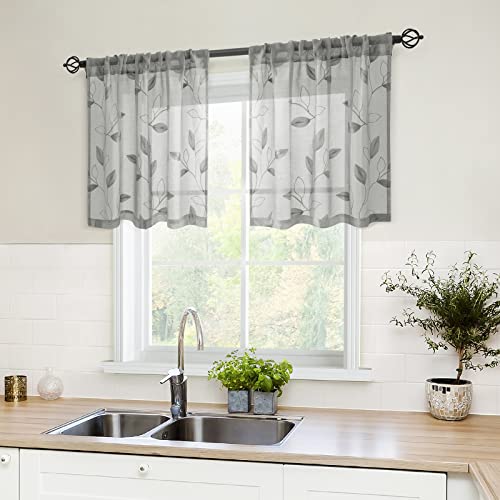Grey Kitchen Sheer Curtains Leaf Embroidered (30"W x 24"L (Pack of 2) / 3-grey)