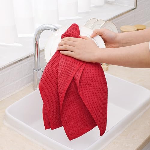 100% Cotton Waffle Weave Kitchen Dish Towels 4 (Red / 13 X 28 - 4 Pack)