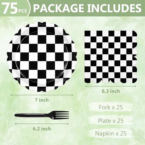 75 Pcs Black Checkered Paper Plates and Napkins&Forks for Party (Black Checkered 75 Plates Set / 7-inch Set)