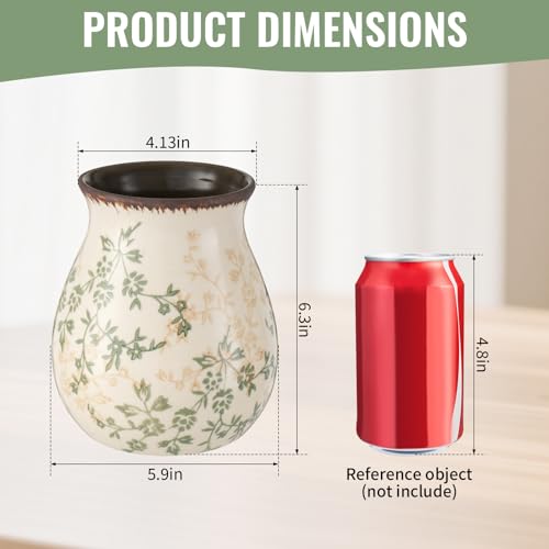Rustic Ceramic Utensil Holder for Kitchen Counter Farmhouse Cooking Utensil Crock Vintage Kitchen Utensil Organizer Spatula Spoon Holder for Countertop Kitchen Decor (Green)