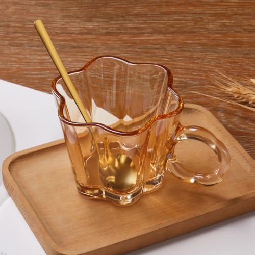 11oz Amber Floral Glass Coffee Mugs Set of 4 with Spoons (Amber)