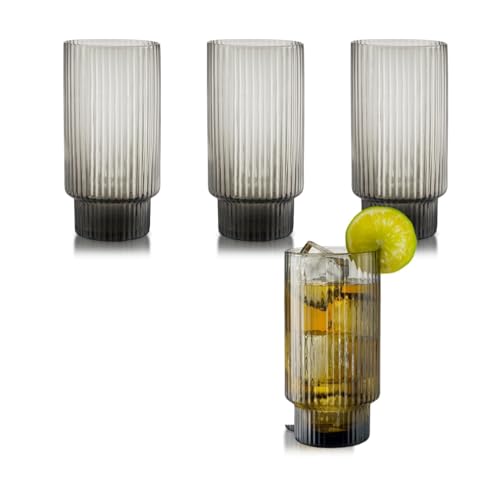 Qualia Carousel Gray Highball Glasses Set of 4 Ribbed Glass Cups 18 oz Fluted Cocktail Glasses Lead (Gray)