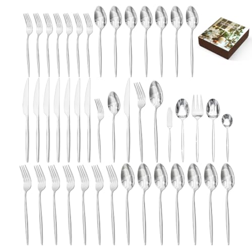 45 Piece Silverware Set for 8 with Serving Utensils (Silver / 45-Piece)