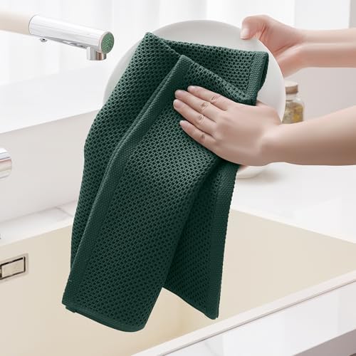 100% Cotton Oversized Waffle Weave Kitchen Towels 4 (Blackish Green / 20 X 28 - 4 Pack)