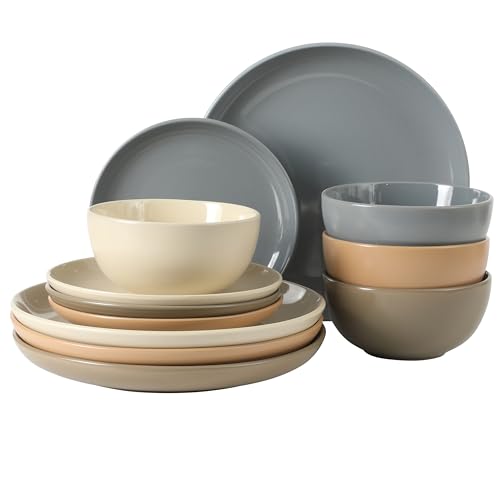 Rockaway 12 Piece Plates and Bowls Matte Outside (Service for 4 (12pcs) / Assorted Colors (Rockaway - Matte/Shiny))