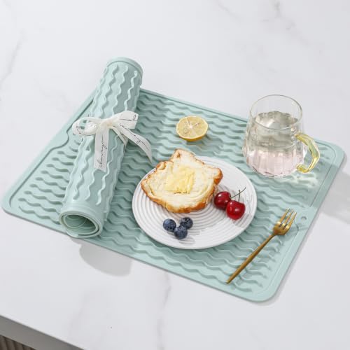 2 Pack Caketime Silicone Dish Drying Mat for Kitchen Counter Escurridor de Trastes para Cocina Cooking Dining Hot Pads Rubber Palcemats Coffee Bar Must Haves Women Gifts 15"x11.5" Green (Green / 15"*11.5")