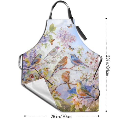 Bird Aprons for Women Spring Flower Kitchen Apron Adjustable Neck for Cooking BBQ Painting (33" x 28"(Pack of 1) / Spring Bird Blue)