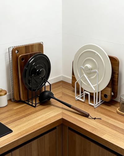 Cutting Board Rack Chopping Board Organizer Stand Holder Kitchen Countertop Pots Pan Lids Rack Organizer Flat Steel 4.92 x 5.7 x 8.47 in. Black (1 Pack Black)
