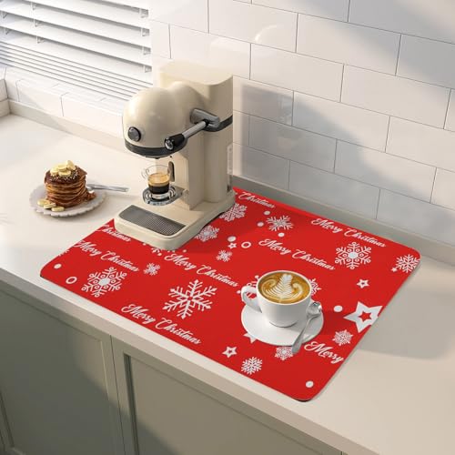 Christmas Red Coffee Mat Dish Drying Mat Hide Stain High Absorbent Drying Mat for Kitchen Easy Clean (Snowflake / 19" x 12")