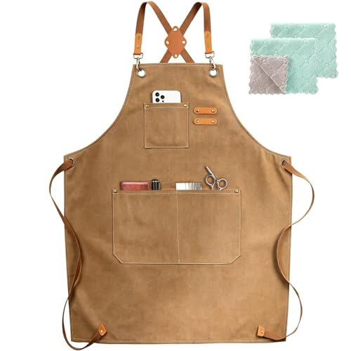 Chef Apron Cotton Canvas Cross Back Apron with Pockets for Women and Men (Cappuccino Brown)
