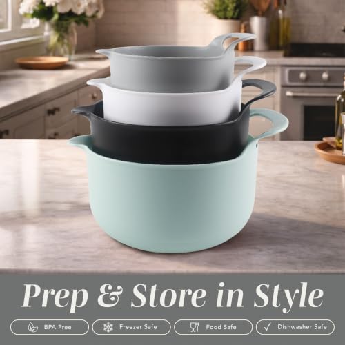 Nesting Plastic Mixing Bowl Set with Pour Spouts and Handles (Mint / 4 Piece Non-Slip)