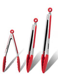 Non Stick Silicone Locking Tong Set of 3 (7+9+12 Inch / 3 Pcs Silicone - Red)