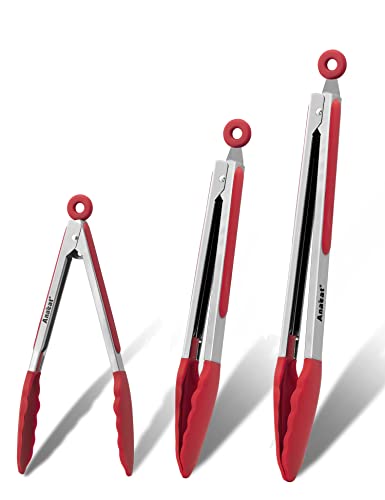 Non Stick Silicone Locking Tong Set of 3 (7+9+12 Inch / 3 Pcs Silicone - Red)