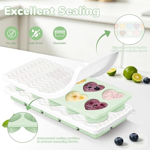 Ice Cube Trays for Freezer with Lids (10Square & Heart-Matcha Green)