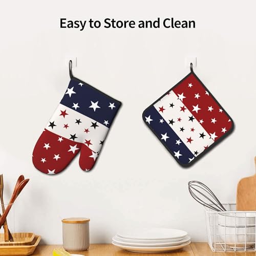 Red White and Blue Oven Mitts and Pot Holders Sets Patriotic American Flag StripedKitchen Mitts 4th of July Hot Pads for Cooking BBQ Baking Grilling (Red White Blue Stars Striped Flag)