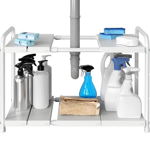 Under Sink 2 Tier Heavy Duty Expandable Organizer (Expandable Shelf / White)