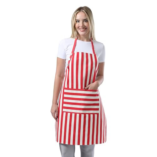 Kitchen Apron Cotton Waterdrop Resistant Adjustable Button Women Men (Red)