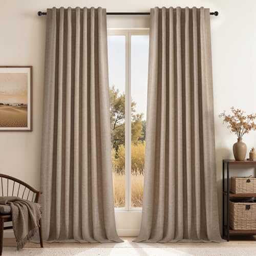 Extra Long 132 Inch 100% Blackout Curtains for Livingroom Taupe Burlap Linen Blend Farmhouse Curtain Drapes Sound Proof Drapes Privacy Ceiling Track Villa Bedroom 11Ft (Dark Flax / 52"W x 132"L (Pack of 2))