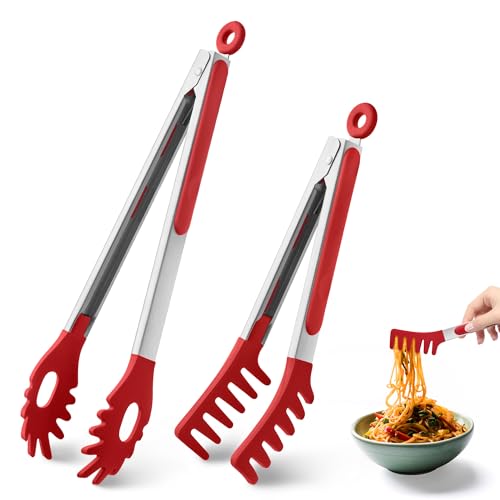 2 PCS Pasta Tong Spaghetti Tongs (9"+12"-Red)