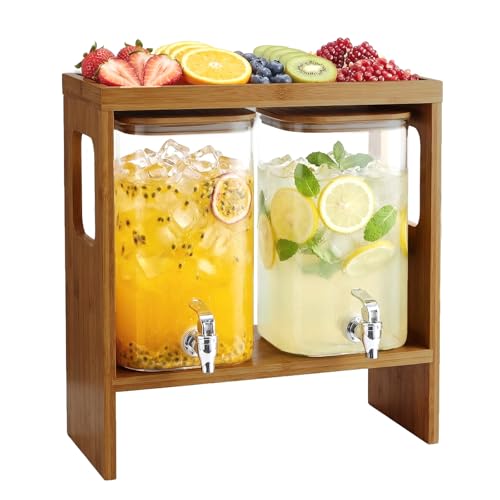 2 PCS 1.2 Gallon Glass Drink Dispenser with Stand and Serving Tray