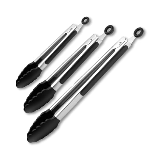 Black Stainless Steel Tongs Set (Black / 7", 9" & 12" inch)